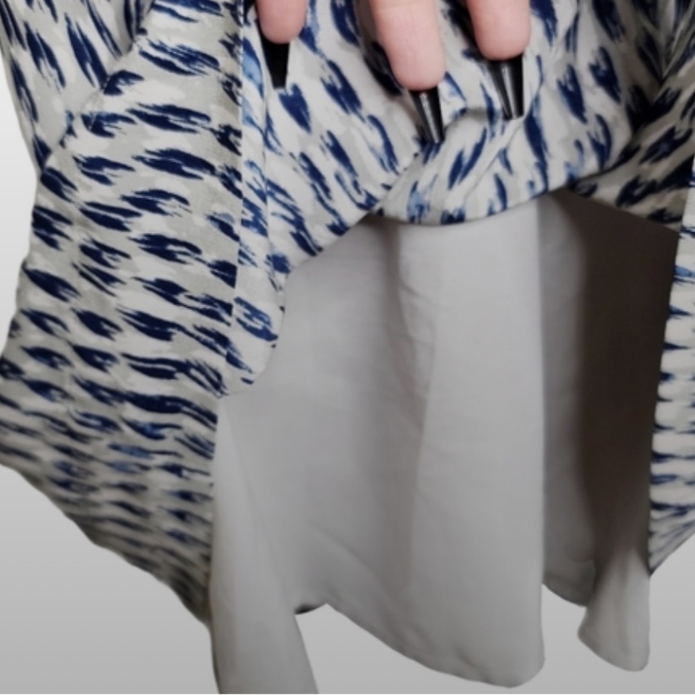 Madewell SILK sunlight painted feathers Blue grey cream Mini Dress pockets - Picture 3 of 13